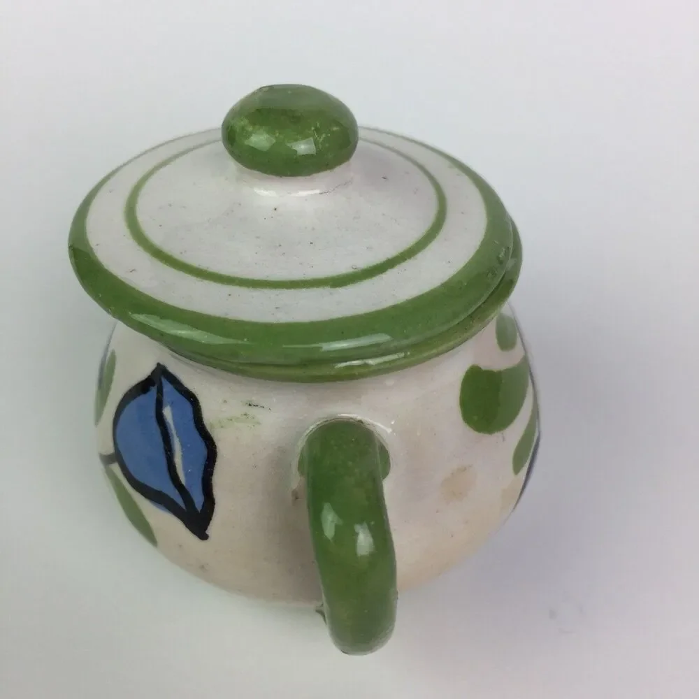 Vtg Italy Handpainted Blue Tulip Flower Stoneware Creamer Sugar Bowl Tray Set